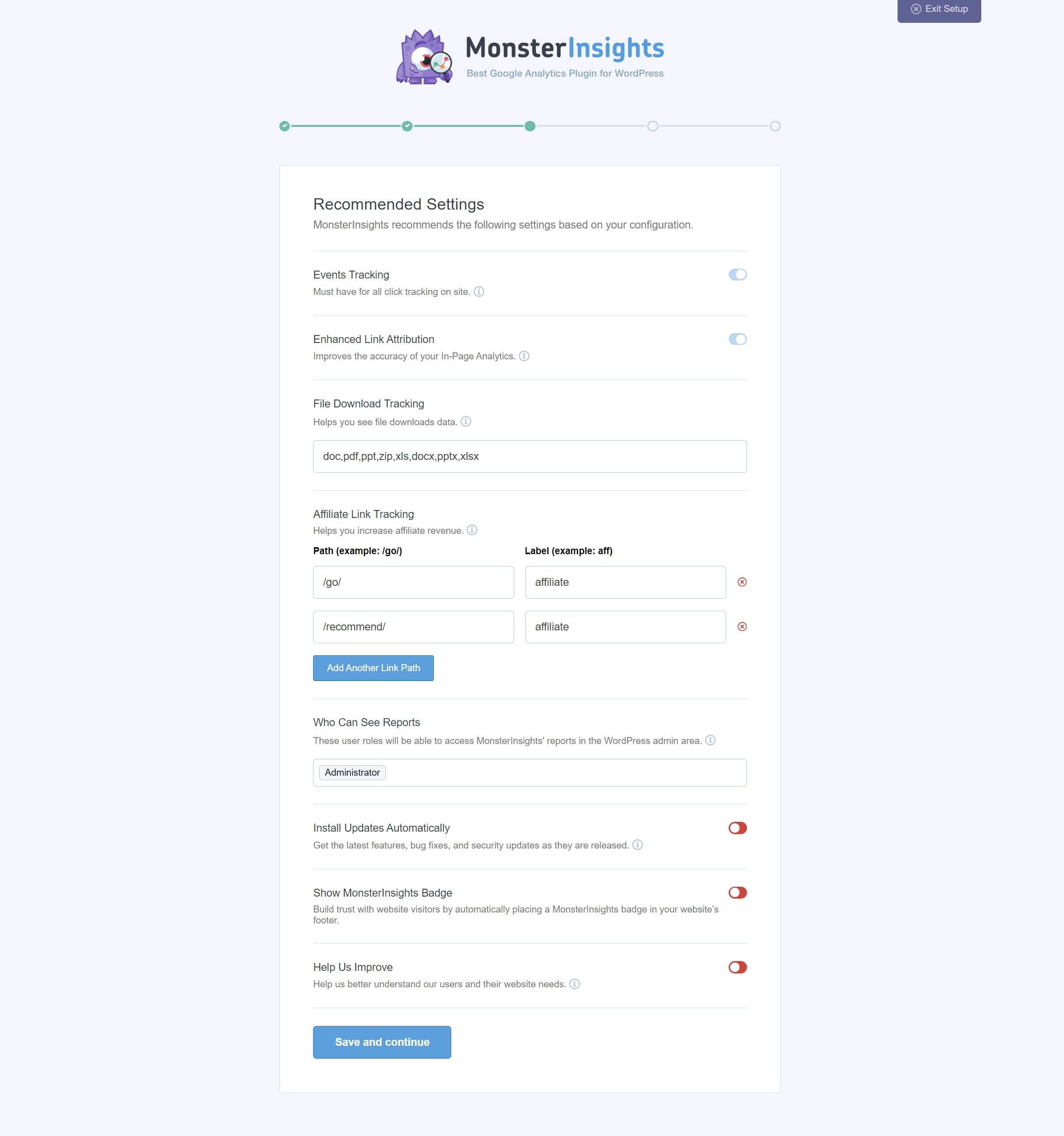 Configuración recomendada por MonsterInsights.