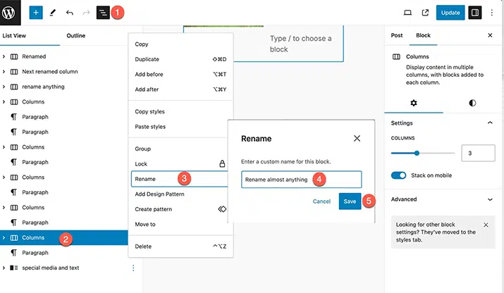 Pembaruan WordPress 6.5 “Regina”: Fitur & Pembaruan 6 Rename Blocks in WordPress 6.5