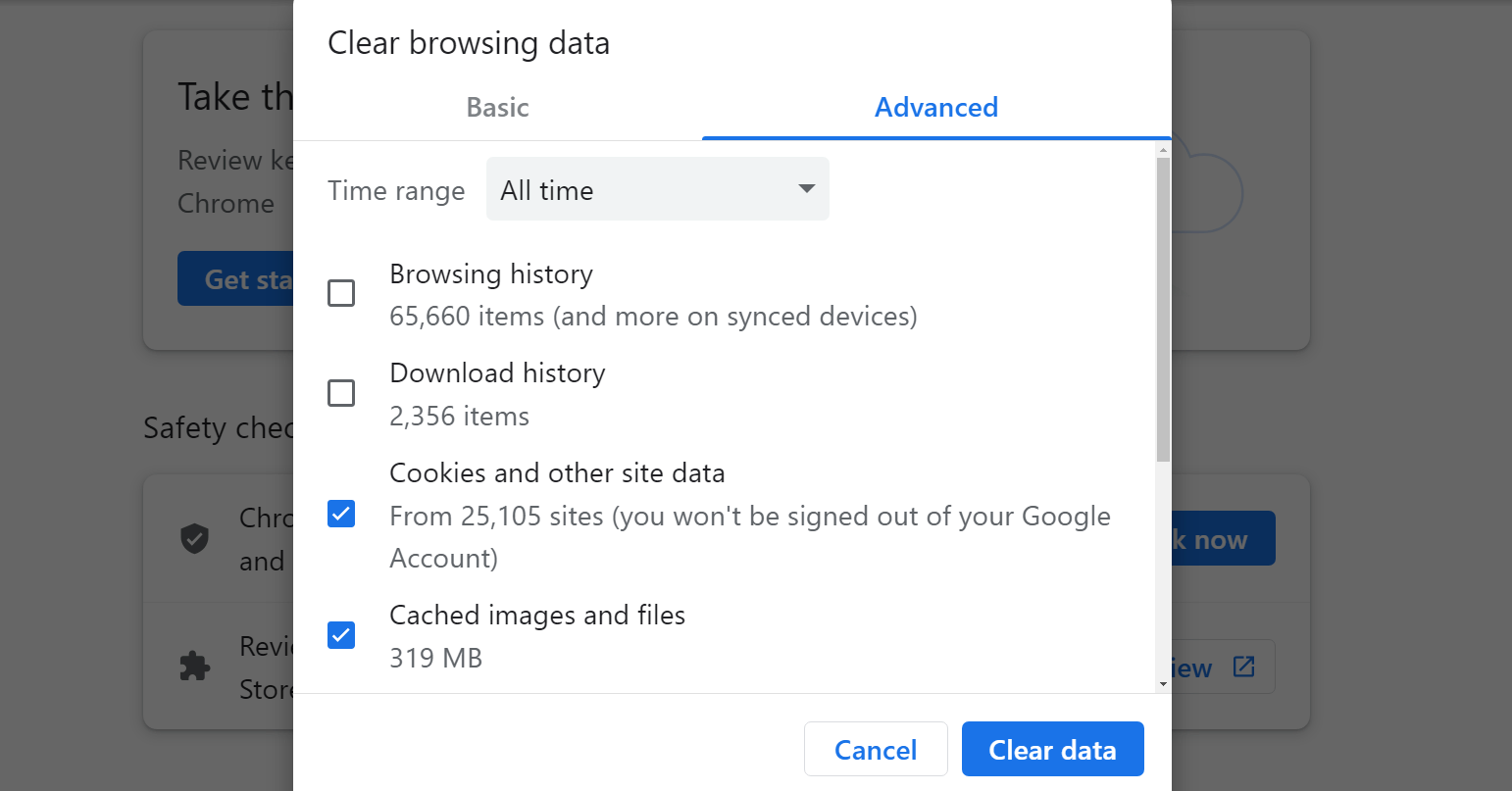 Chrome에서 인터넷 사용정보 삭제