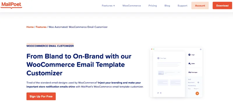 Plugin WooCommerce Email Customizer - Page d'accueil de MailPoet