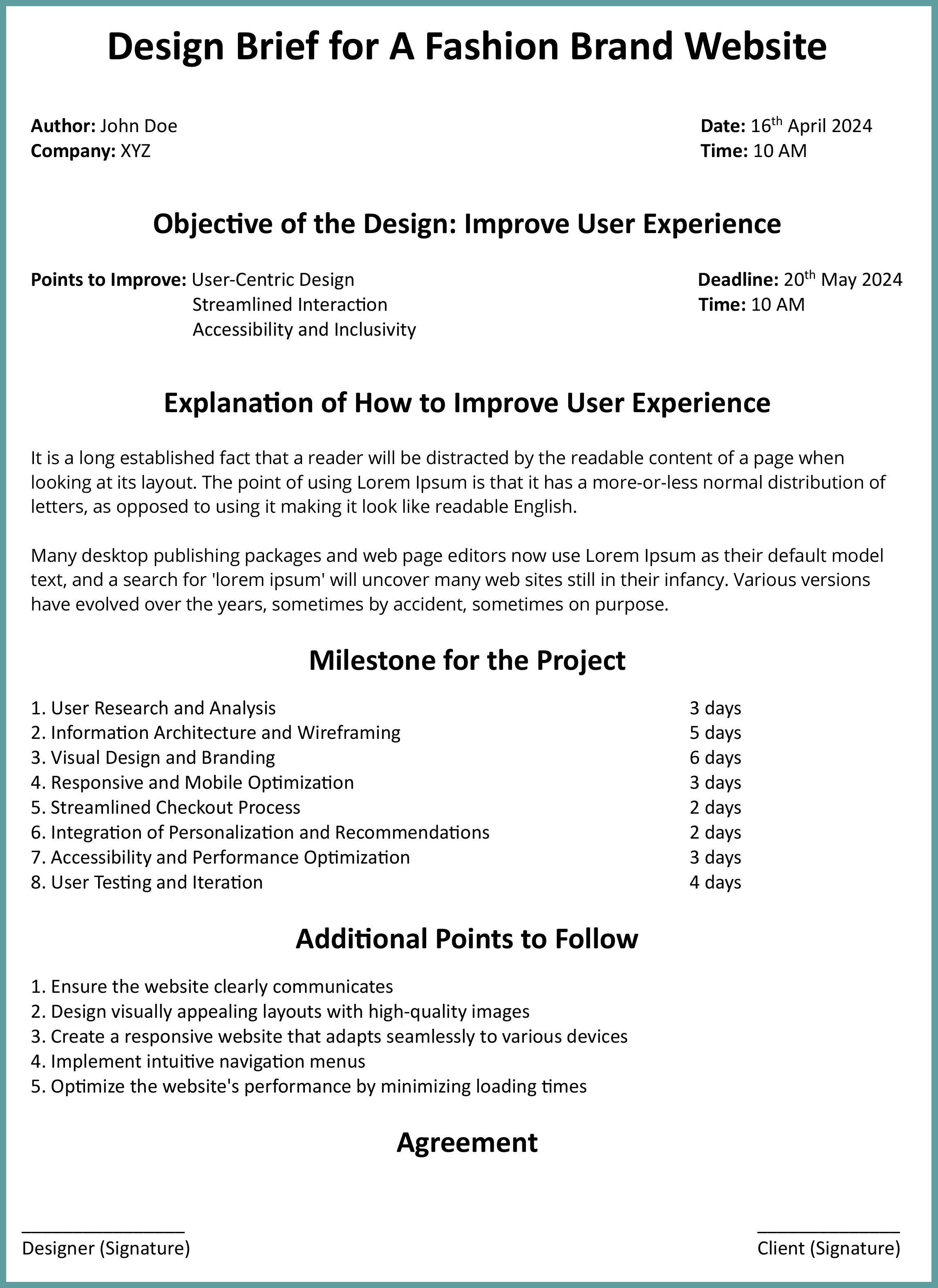 Website design brief example one