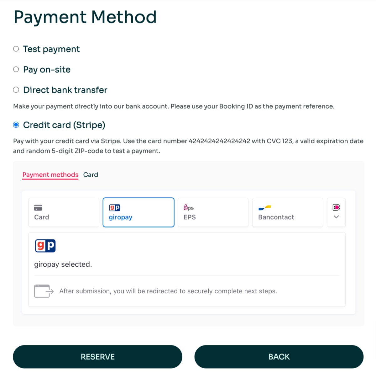 modes de paiement via Stripe lors de la prise de rendez-vous.