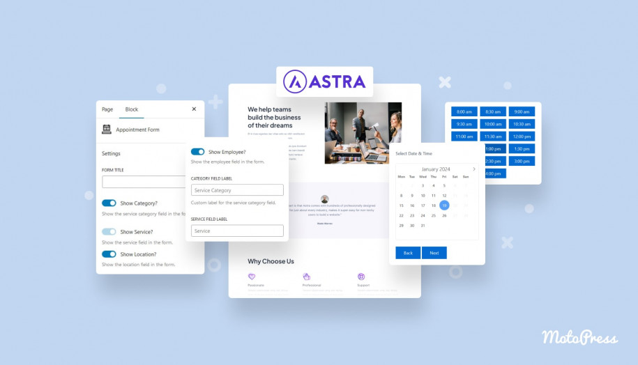 Site de reservas Astra para WordPress.