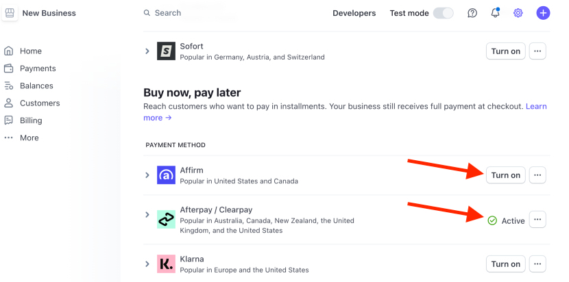 Stripe で支払いゲートウェイを有効にします。