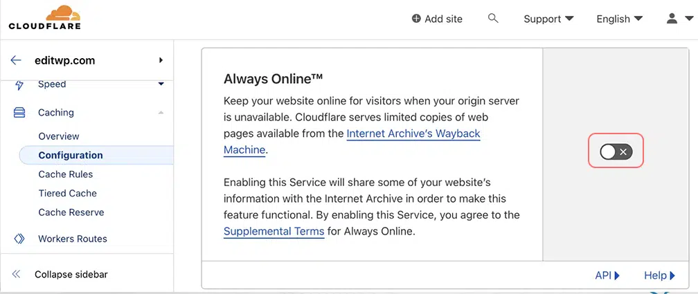 Always Online Settings in Cloudflare