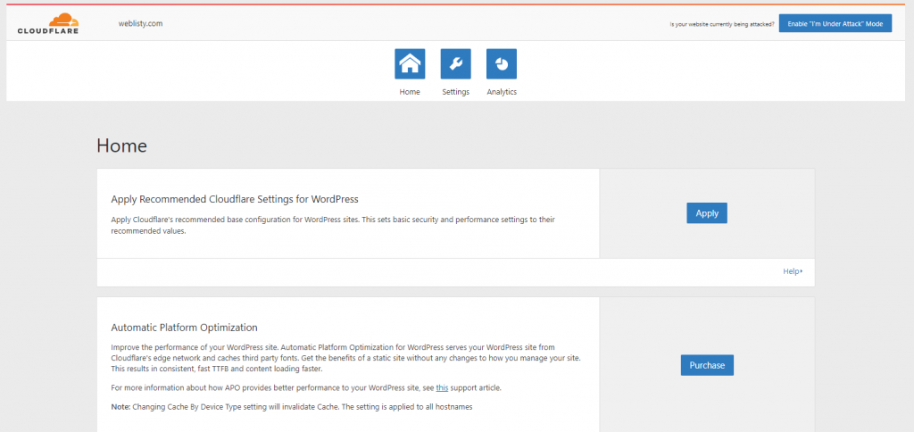 Como definir as configurações do Cloudflare no WordPress? 22 Wordpress cloudflare plugin home screen
