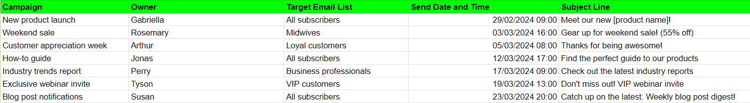 cómo organizar el contenido del boletín informativo por correo electrónico calendar_example