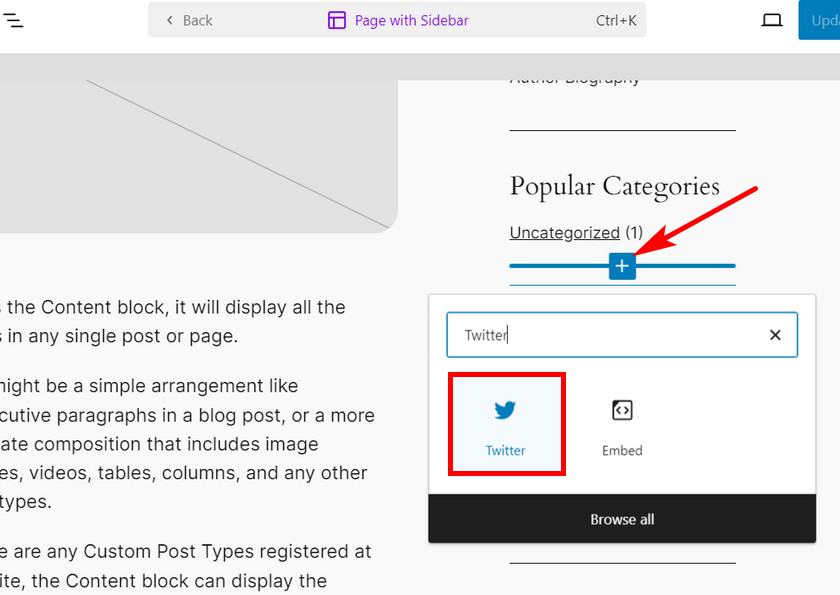 wybierz blok Twittera, aby wyświetlić tweety - wyświetl najnowsze tweety w wordpress