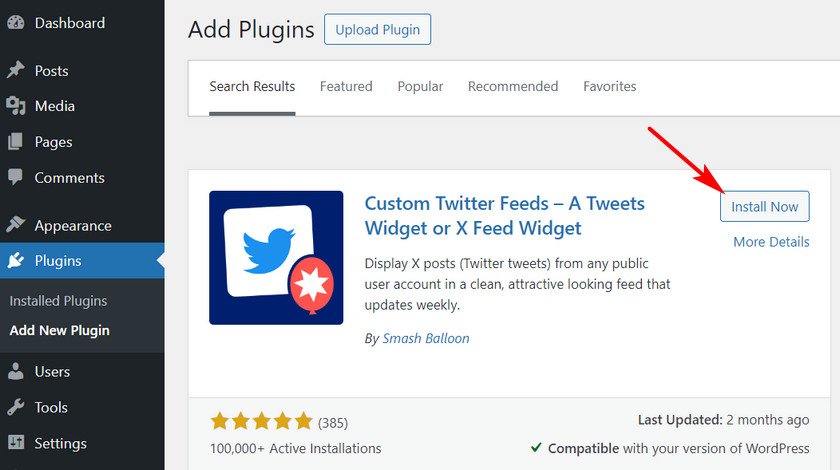 instal plugin umpan Twitter khusus