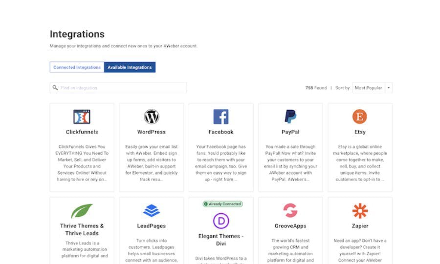 Lista de integraciones de AWeber con Divi