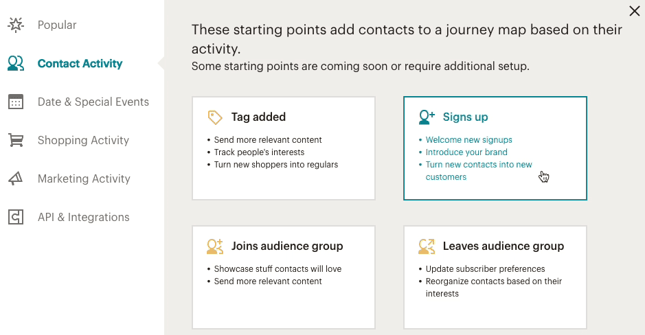 Puntos de partida del viaje de contacto de Mailchimp