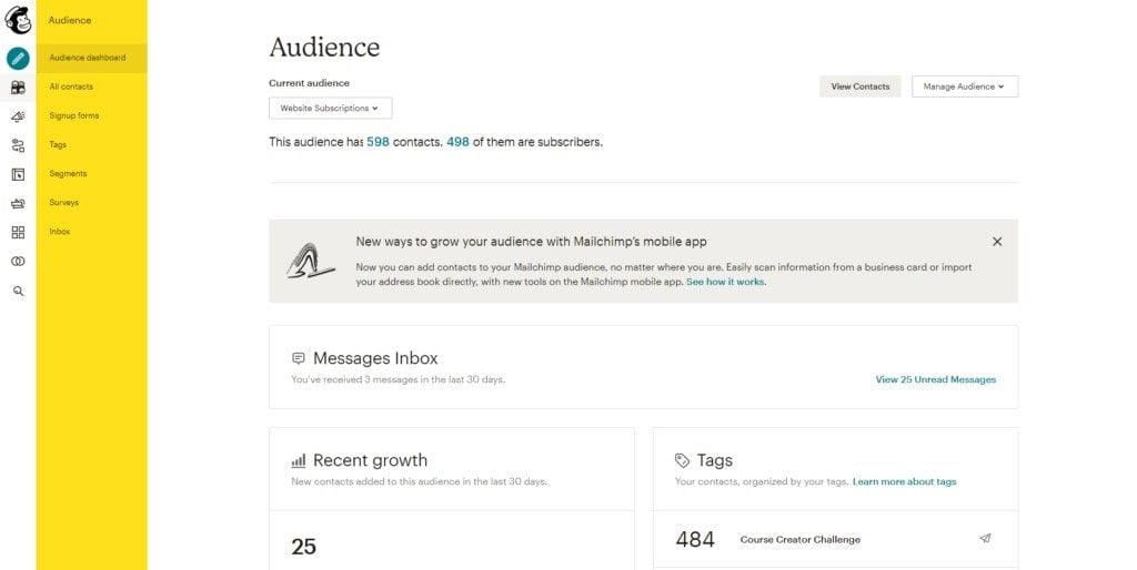 Mailchimp プラットフォームのダッシュボード