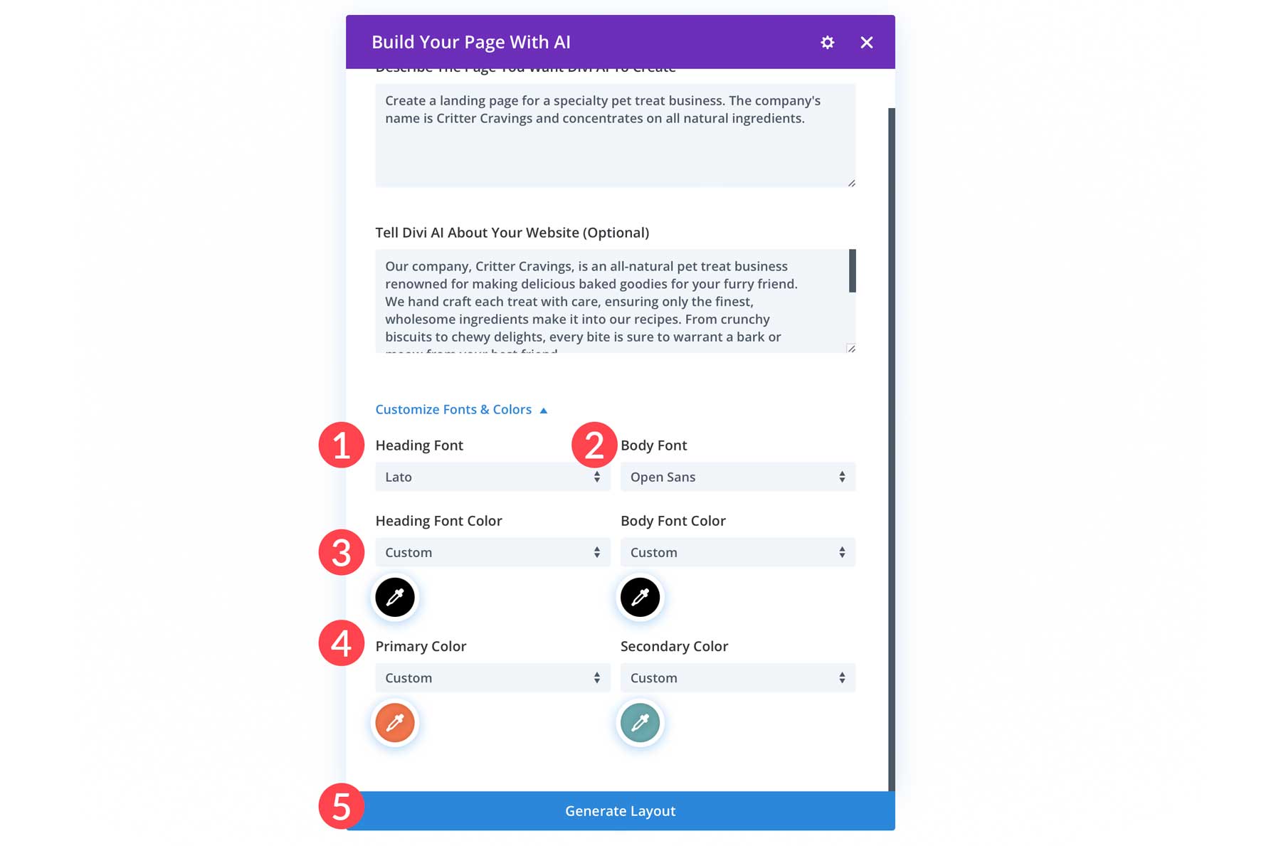 Divi Layout AI 字体和颜色