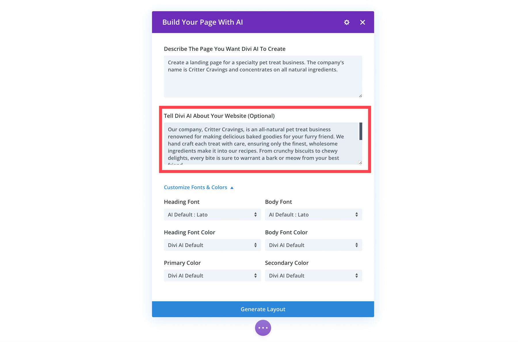 Divi Layouts AI 可选字段