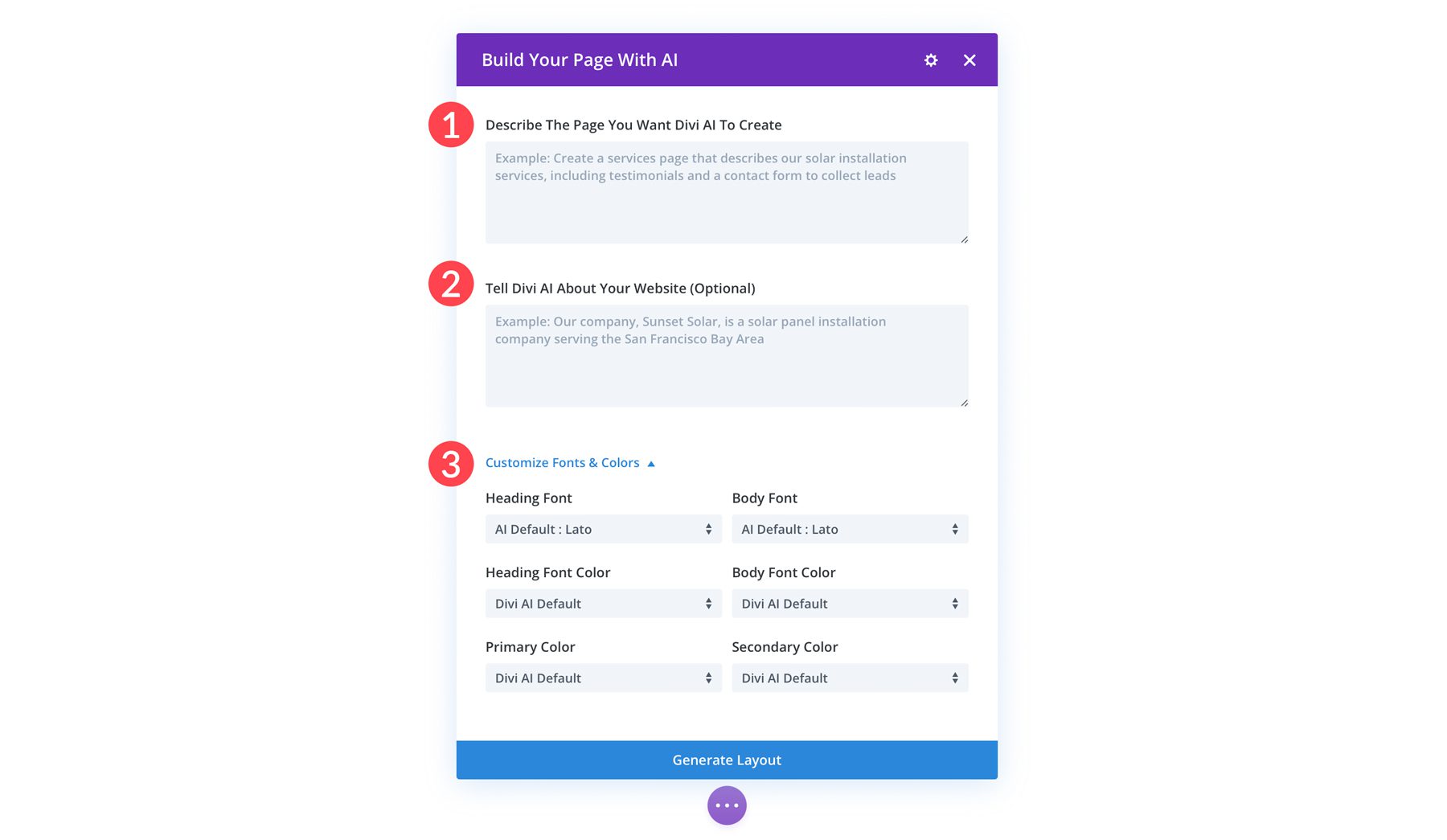 Divi Layouts AI 指南选项