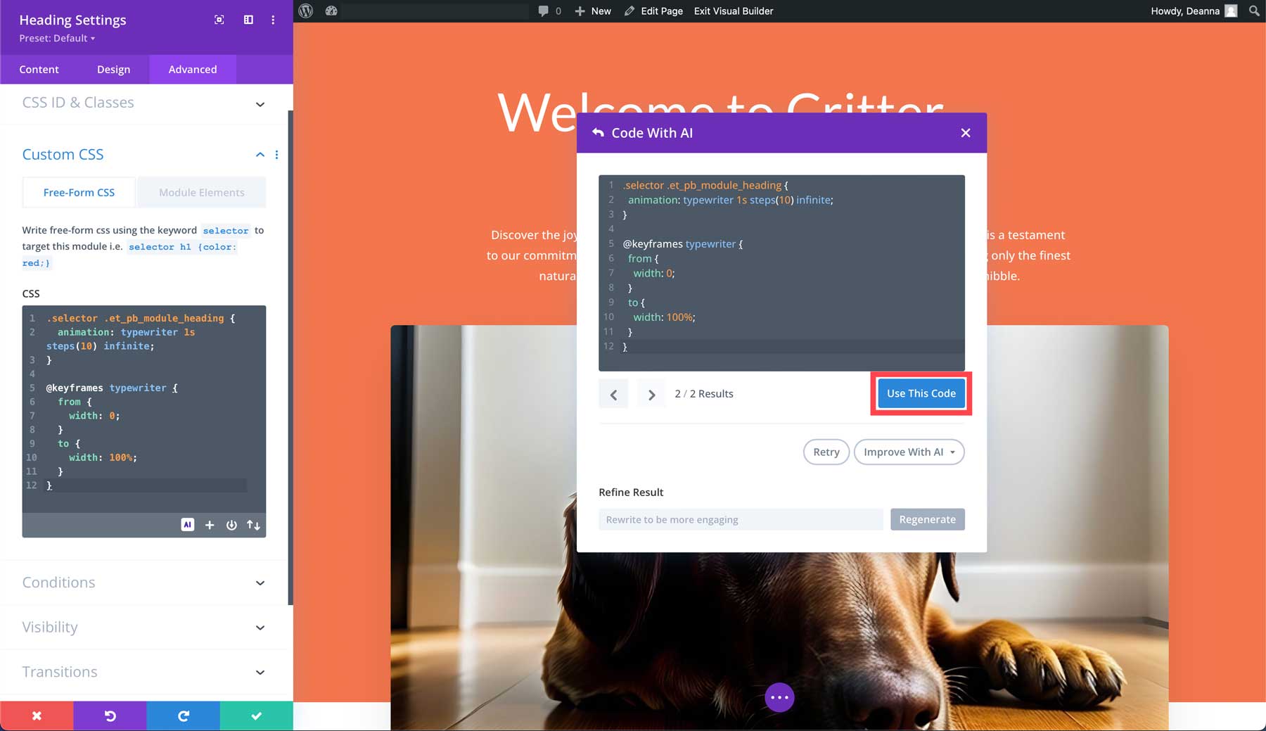 使用 Divi AI 生成代码