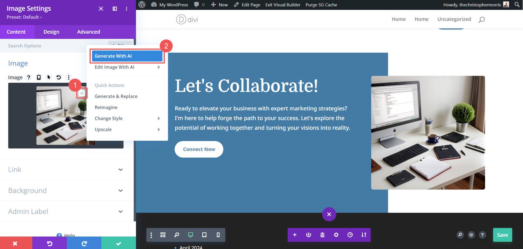 Créer une image avec Divi AI – Étapes 1-2
