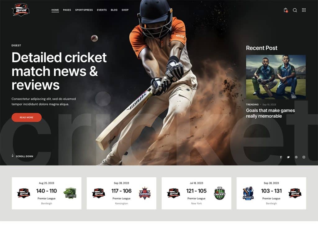 Spin - Tema WordPress per sport di squadra di cricket