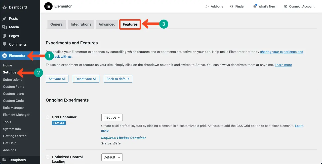 Как исправить «Отсутствует виджет внутренней секции Elementor» 3 Navigate to Elementor Features