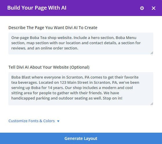 Boba Blast 提示 - Divi Layouts AI 詢問特定部分