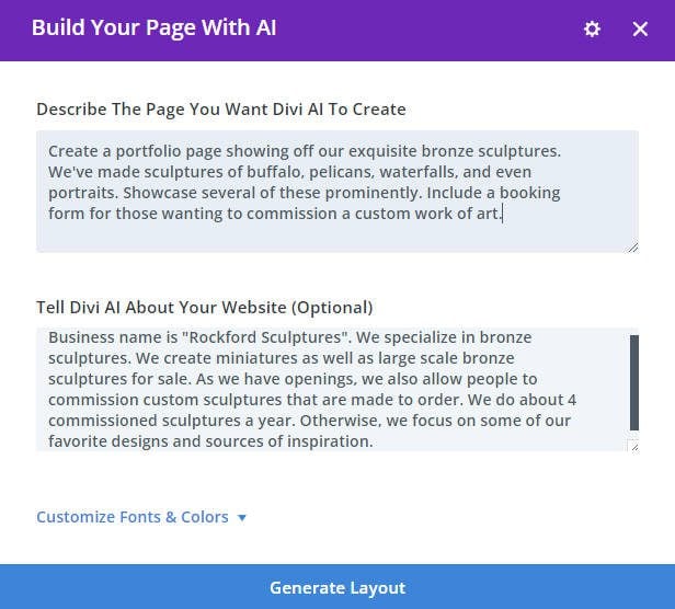 Divi Layouts AI - 雕塑作品集頁面的範例提示