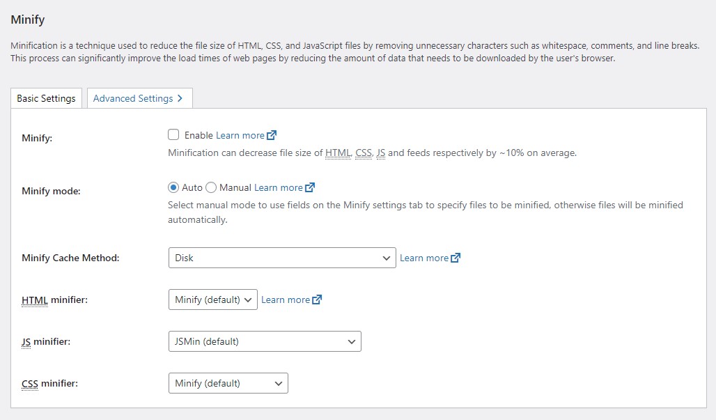 W3 Total Cache Minify Advanced Settings