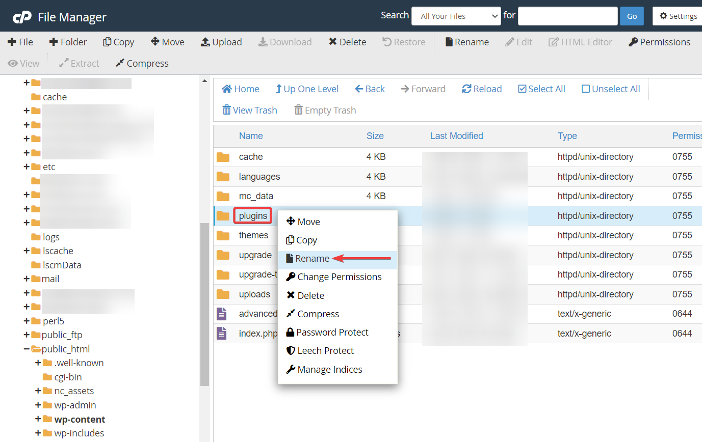 rinominare il file manager della cartella dei plugin - errore interno del server http 500