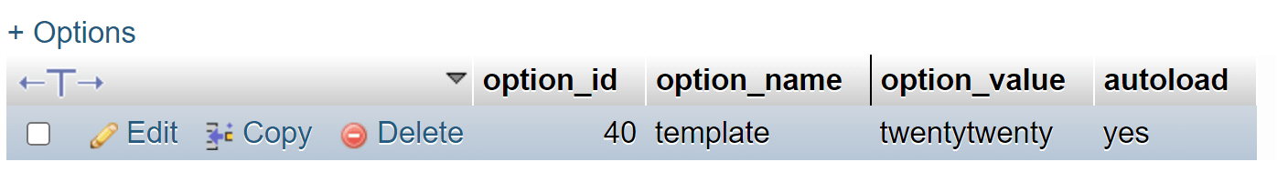 L'entrée du modèle dans la base de données WordPress.