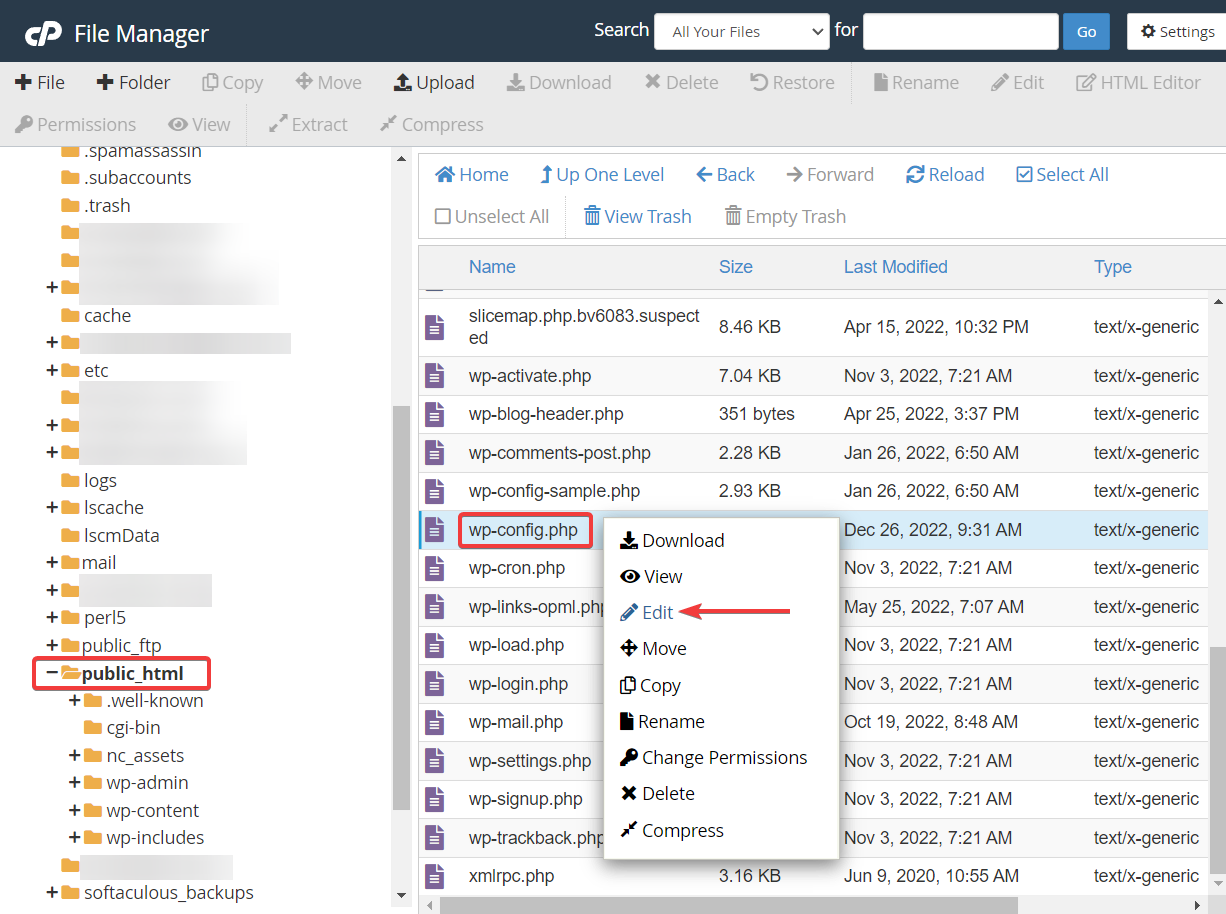 modifier wpconfile dans le gestionnaire de fichiers