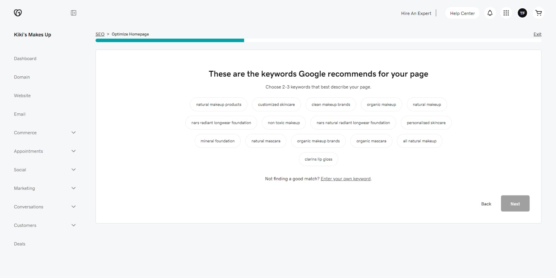 Uno screenshot degli strumenti SEO del costruttore di siti web di GoDaddy