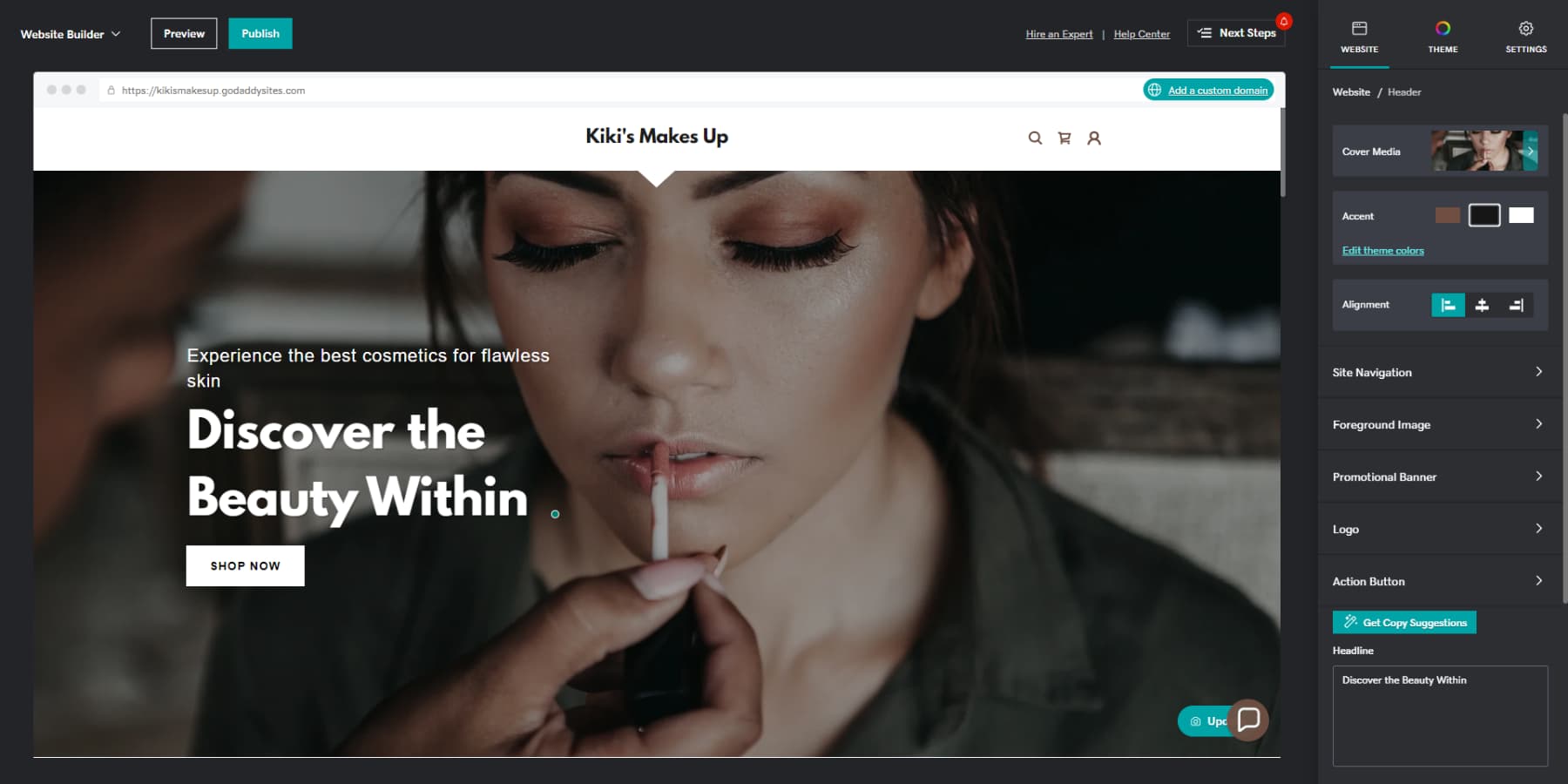 Uno screenshot dell'interfaccia utente del costruttore di siti web di GoDaddy
