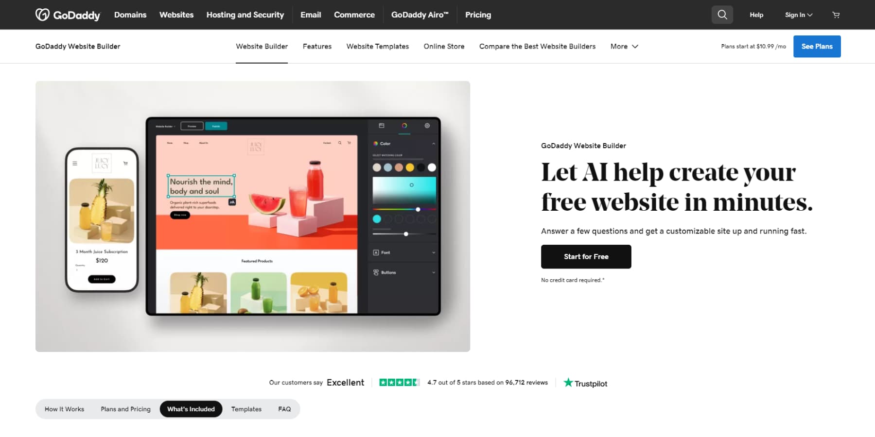 Uno screenshot della home page di GoDaddy Website Builder
