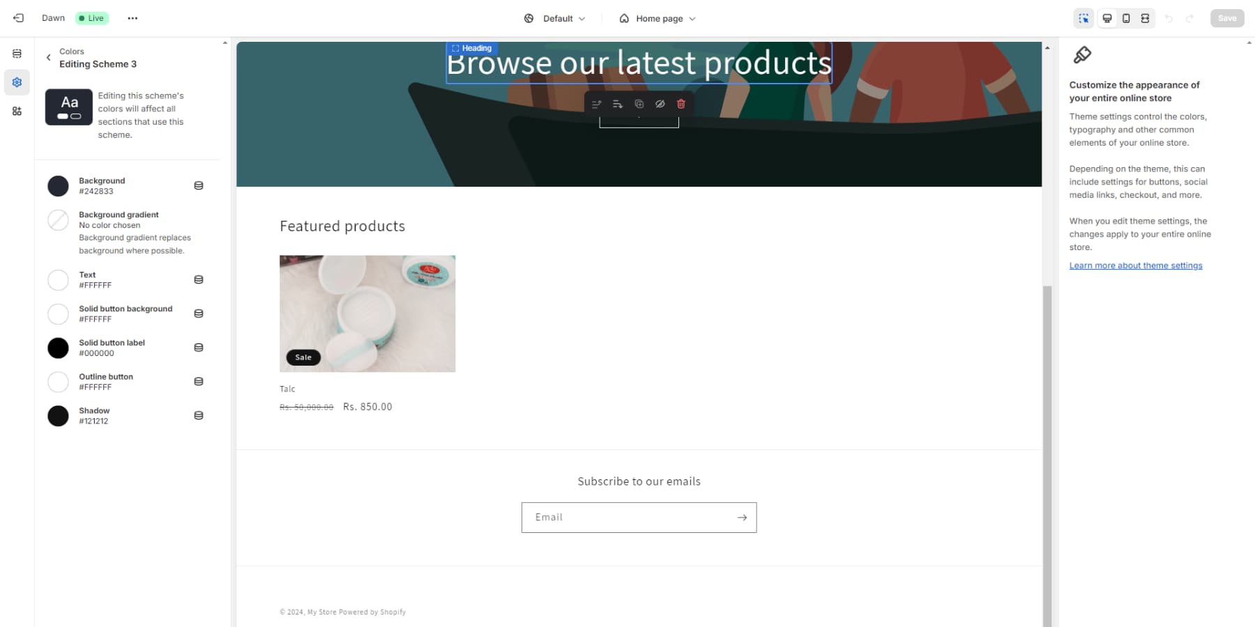 Uno screenshot delle opzioni di personalizzazione di Shopify