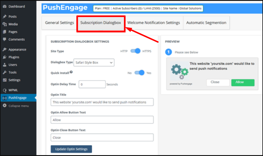 WordPress プッシュ通知をウェブサイトに追加する方法 30 PushEngage Subscription Dialogbox