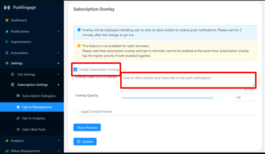 WordPress プッシュ通知をウェブサイトに追加する方法 38 Enable Overlay feature on your Website