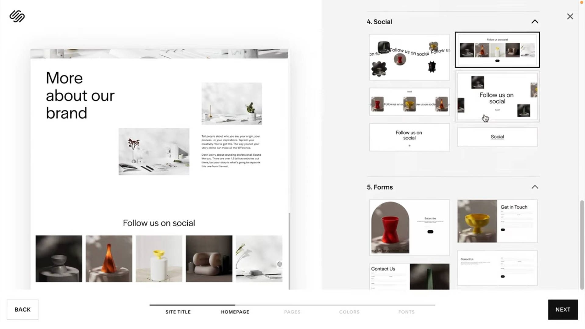 Squarespace Blueprint AI – Sélection des sections de page