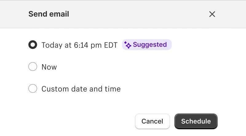 Heures d'envoi d'e-mails suggérées par Shopify Magic AI