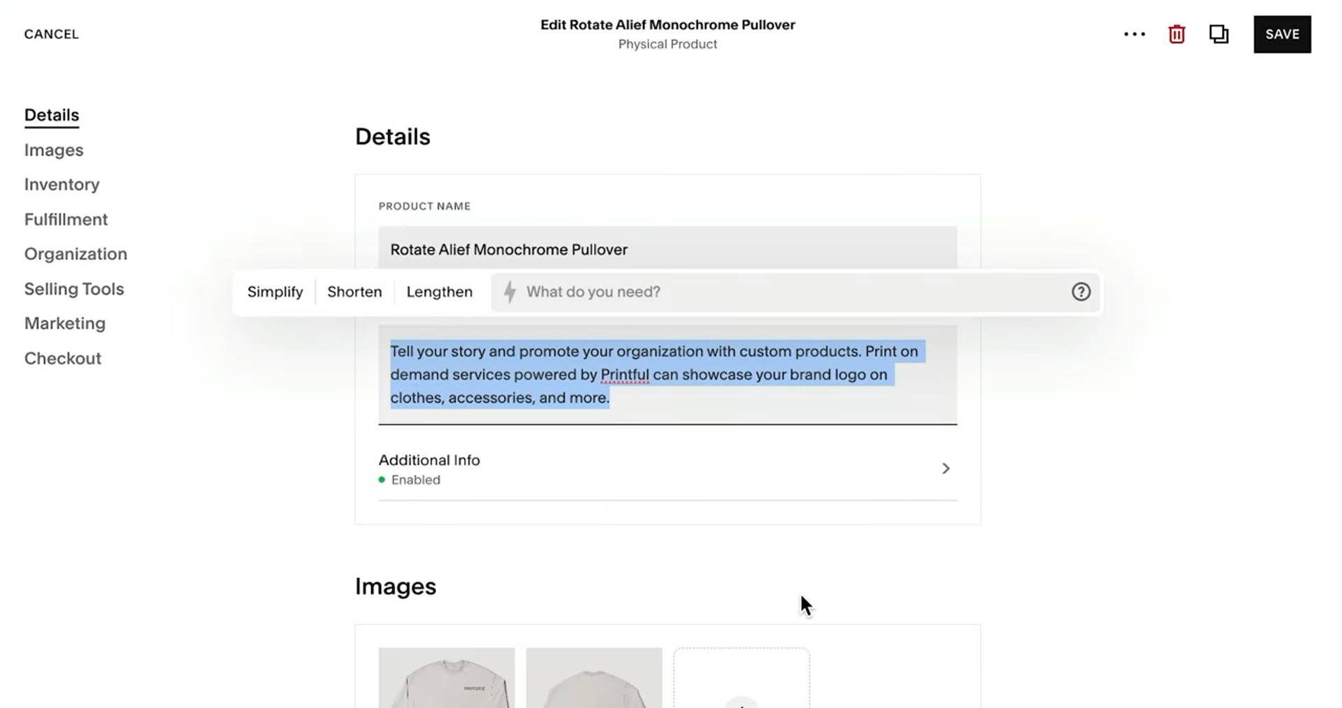 Outil de description de produit Squarespace AI
