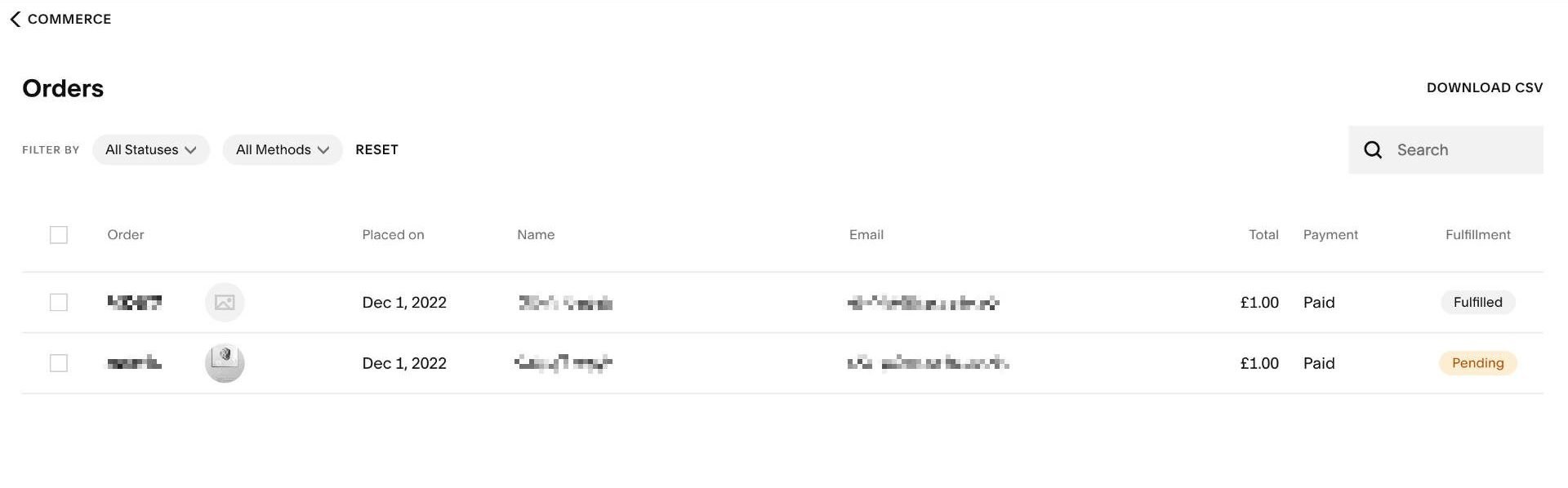 Tableau de bord de gestion des commandes Squarespace