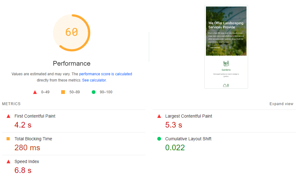 Risultato di PageSpeed Insights senza WP Rocket