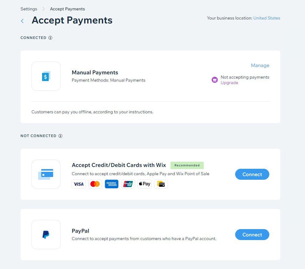 Méthodes de paiement Wix acceptées