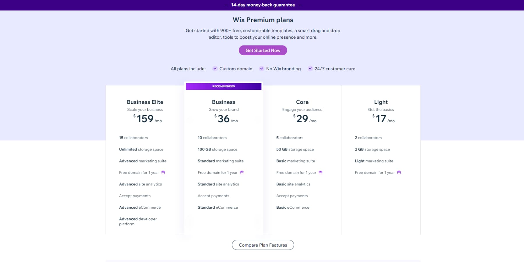 Wix 定价的屏幕截图
