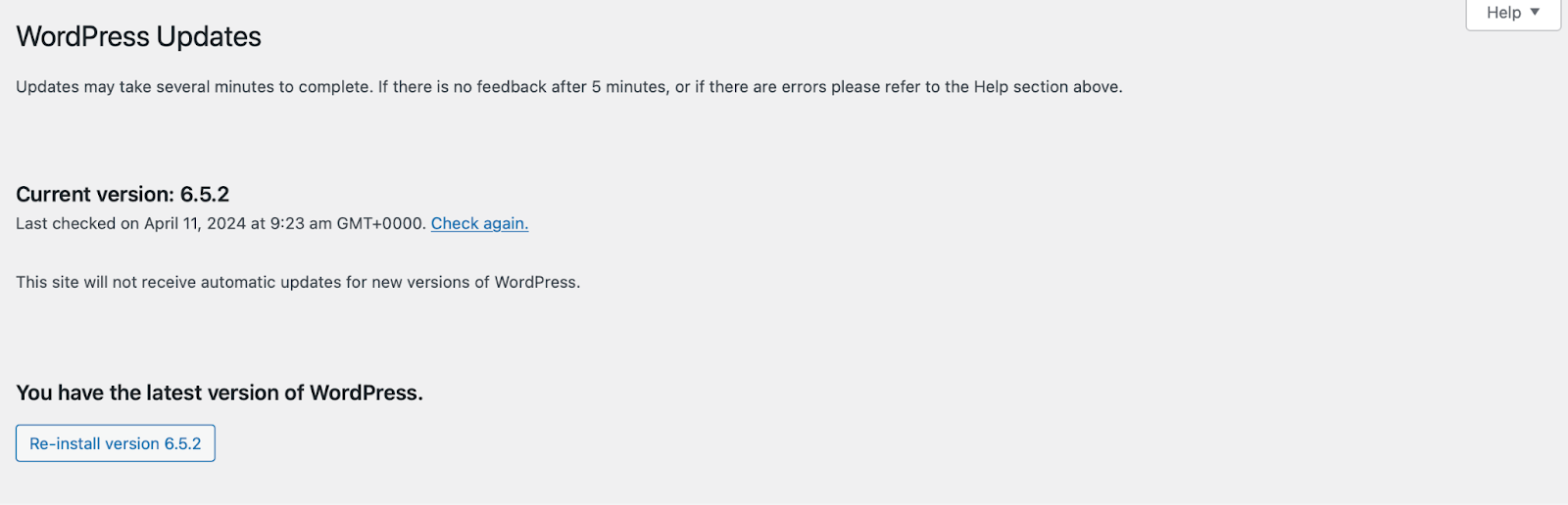 在這裡,您可以查看是否有新版本的 WordPress 需要安裝,或者您可以點擊「再次檢查」連結進行確認。