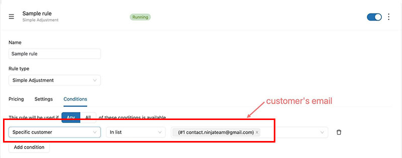 วิธีกำหนดราคา WooCommerce ที่แตกต่างกันสำหรับผู้ใช้ที่แตกต่างกัน 6 Conditions section to choose the specific customer