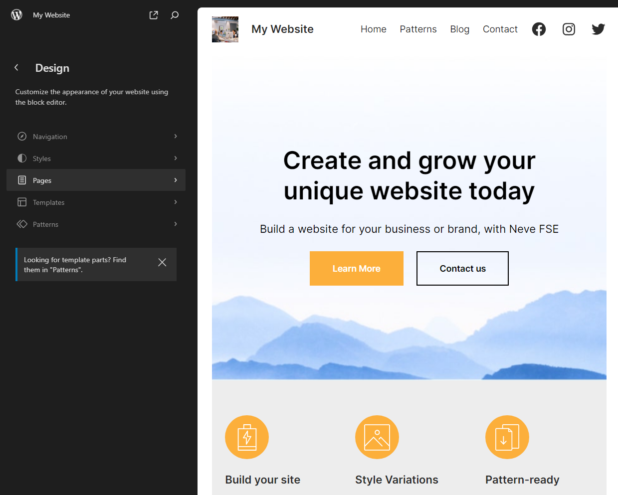 Seitenregisterkarte im WordPress-Site-Editor