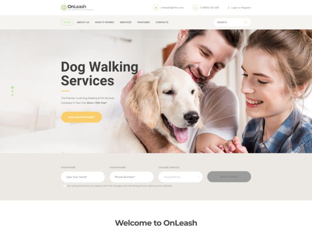 OnLeash - Tema de WordPress veterinario para pasear perros y servicios para mascotas
