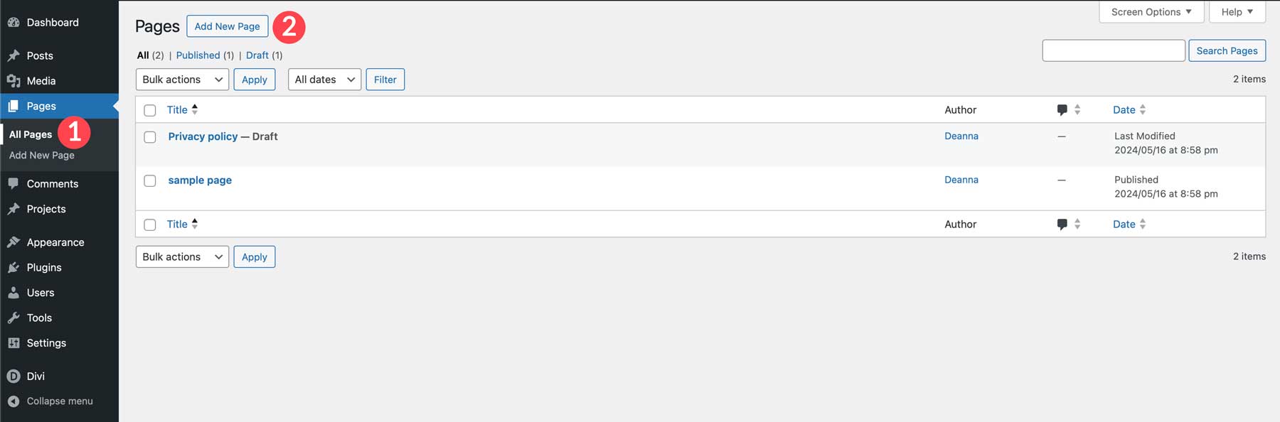 WordPress 페이지 추가