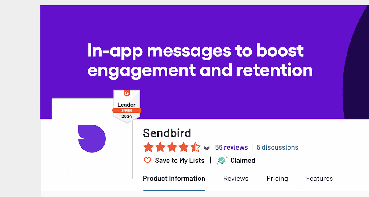 Le panneau d'information Sendbird sur le site Web de G2.