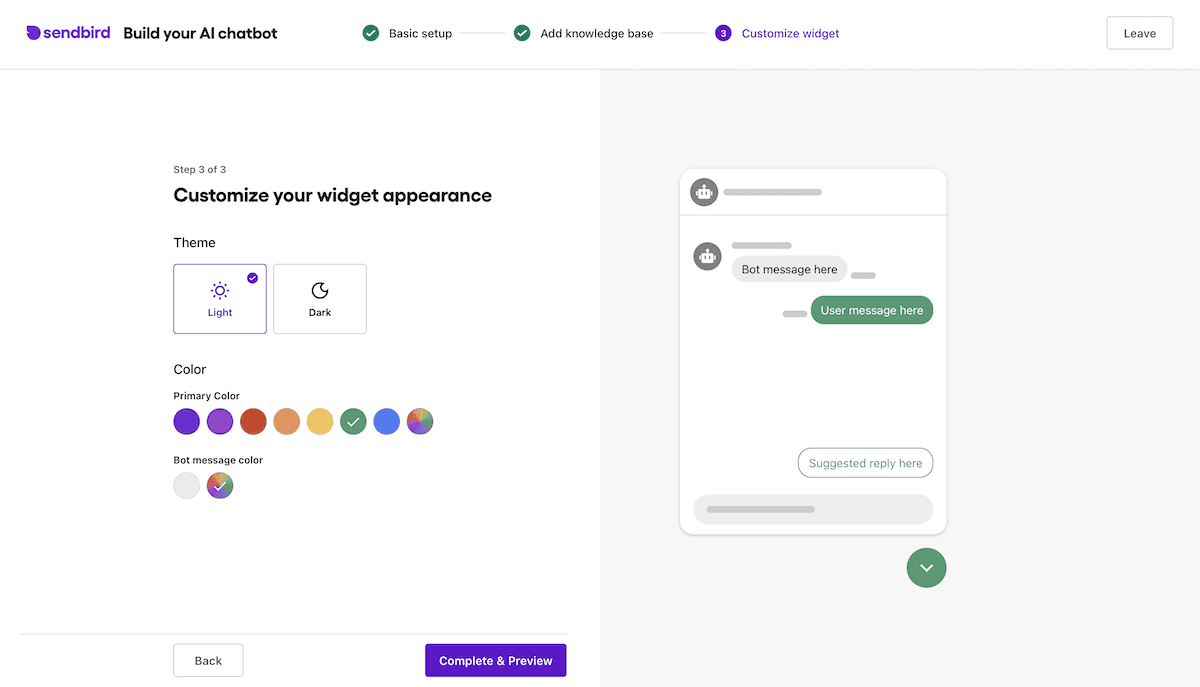 Personnalisation du chatbot dans l'assistant d'intégration de Sendbird.