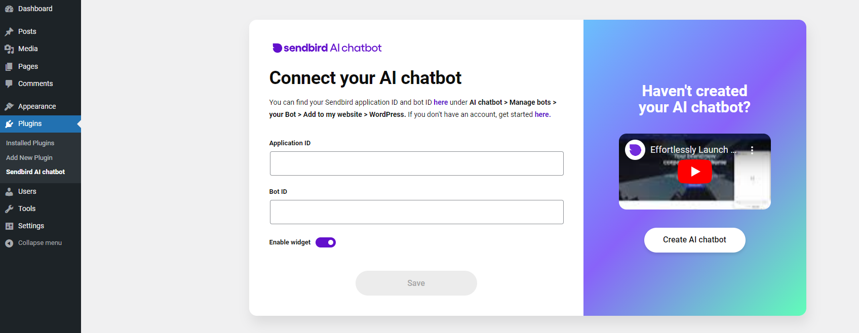 L'écran du plugin Sendbird WordPress affichant les champs pour connecter votre chatbot.